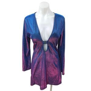 NEW Cider Blue Purple Iridescent Sequin Metallic Glitter Long Sleeve Mini Dress